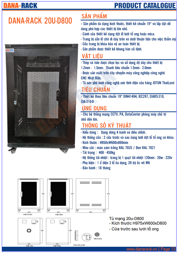 Tủ Rack 20U-D800 Màu Kem - Cửa Lưới