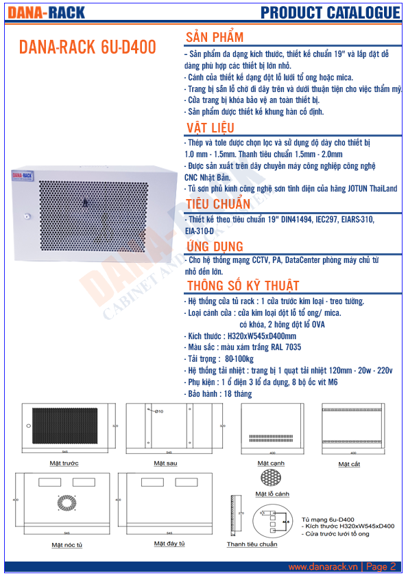 Tủ Rack 6U-D400 (Treo Tường) Màu Kem - Cửa Mica